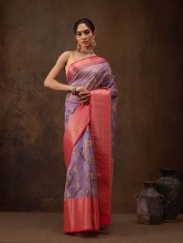 Silk Land - Lavender Printed Kalamkari Art Silk Saree with Unstitched Blouse