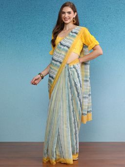 Silk Land - Multi-Color Chanderi Stripes Printed Saree with Unstitched Blouse
