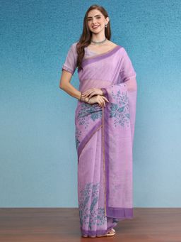 Silk Land - Purple Chanderi Floral Digital Printed Saree with Unstitched Blouse