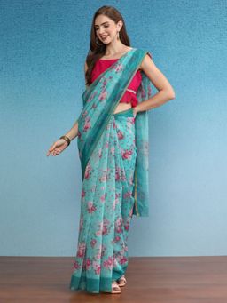 Silk Land - Blue Chanderi Floral Digital Printed Saree with Unstitched Blouse