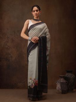 Silk Land - Grey Blend Floral Printed Saree with Unstitched Blouse