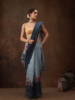 Silk Land - Teal Blend Floral Printed Saree with Unstitched Blouse