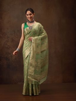 Silk Land - Green Floral Woven Zari Saree with Unstitched Blouse