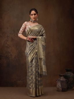 Silk Land - Grey Floral Woven Zari Saree with Unstitched Blouse