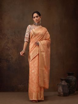 Silk Land - Peach Floral Woven Zari Saree with Unstitched Blouse