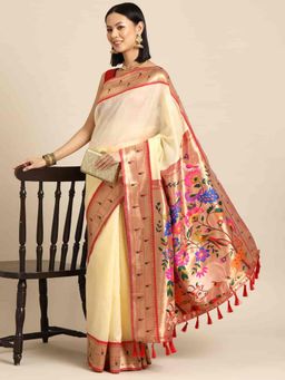 Silk Land - Cream Onam Woven Tassels Saree with Unstitched Blouse