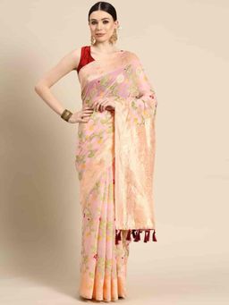 Silk Land - Womens Pink Woven Dhakai Jamdani Saree with Unstitched Blouse