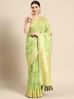 Silk Land - Womens Green Woven Dhakai Jamdani Saree with Unstitched Blouse