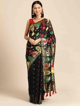 Silk Land - Womens Black Woven Tassels Dhakai Jamdani Saree with Unstitched Blouse
