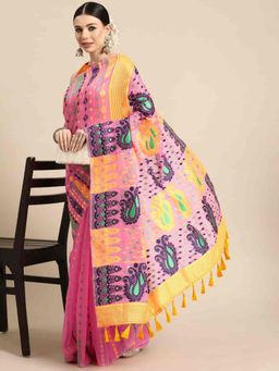 Silk Land - Womens Pink Woven Dhakai Jamdani Saree with Unstitched Blouse