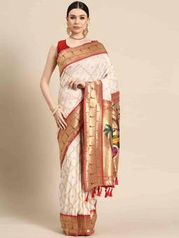 Silk Land - White and Red Zari Woven Saree with Unstitched Blouse