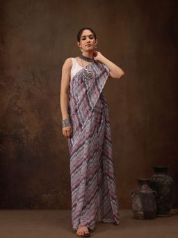 Silk Land - Grey Printed Cotton Blend Saree with Unstitched Blouse