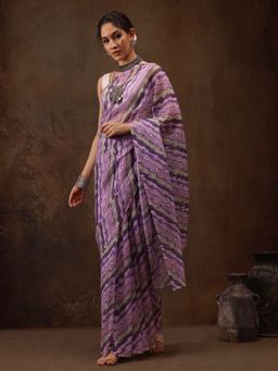 Silk Land - Lavender Printed Cotton Blend Saree with Unstitched Blouse