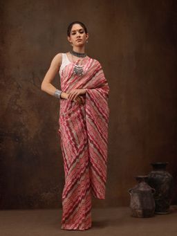 Silk Land - Peach Printed Cotton Blend Saree with Unstitched Blouse