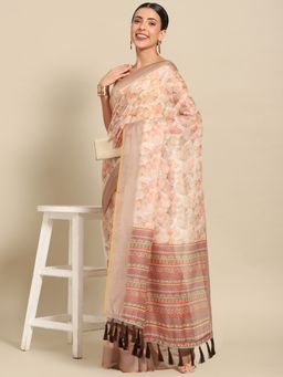 Silk Land - Womens Beige Printed Saree with Unstitched Blouse