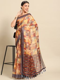 Silk Land - Womens Multi-Color Printed Saree with Unstitched Blouse