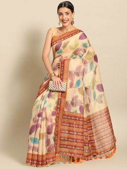 Silk Land - Womens Yellow Leaf Printed Saree with Unstitched Blouse