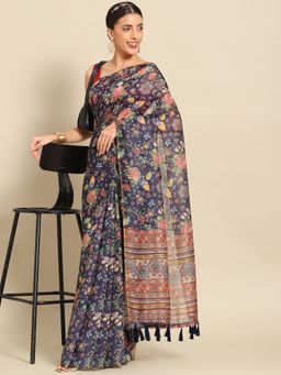 Silk Land - Womens Navy Blue Floral Block Print Saree with Unstitched Blouse