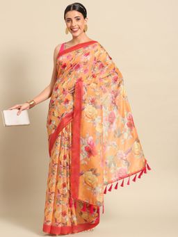 Silk Land - Womens Orange Floral Block Print Saree with Unstitched Blouse