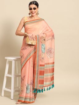 Silk Land - Womens Peach Floral Block Print Saree with Unstitched Blouse