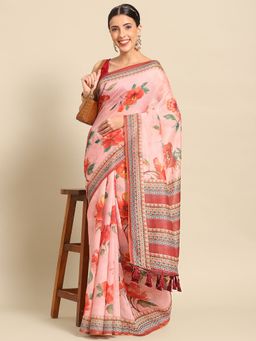 Silk Land - Womens Pink Floral Block Print Saree with Unstitched Blouse
