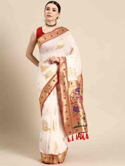 Silk Land - White and Red Zari Woven Tassels Paithani Saree with Unstitched Blouse
