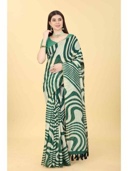 Silk Land - Womens Green Chanderi Digital Stripes Print Saree with Unstitched Blouse