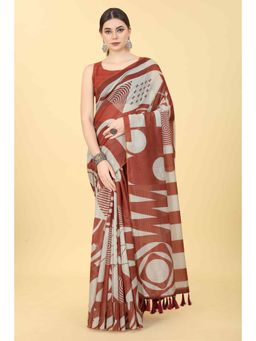 Silk Land - Womens Maroon Chanderi Digital Printed Saree with Unstitched Blouse