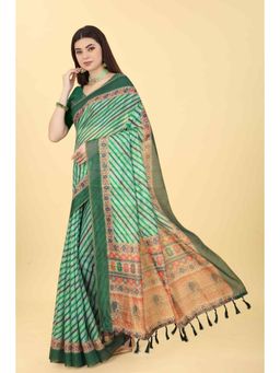 Silk Land - Womens Chanderi Green Digital Stripes Print Saree with Unstitched Blouse
