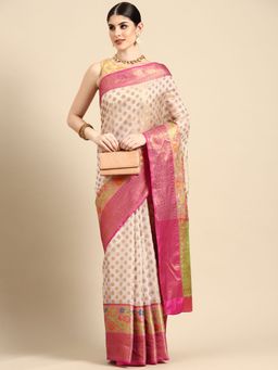 Silk Land - White and Pink Banarasi Zari Woven Saree with Unstitched Blouse