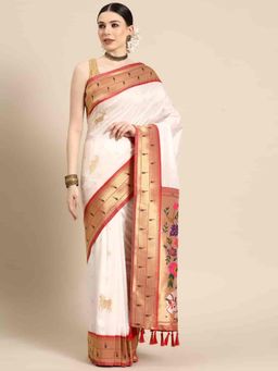Silk Land - White and Red Zari Woven Paithani Saree with Unstitched Blouse