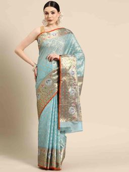 Silk Land - Blue Zari Woven Tissue Saree with Unstitched Blouse