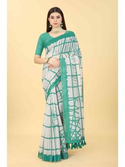 Silk Land - Womens Chanderi Green Checks Printed Saree with Unstitched Blouse