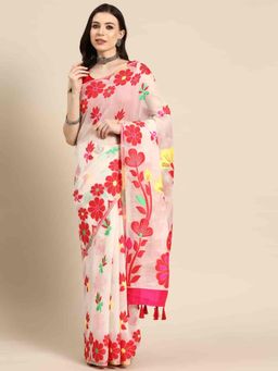 Silk Land - Womens Off White Floral Dhakai Jamdani Saree with Unstitched Blouse
