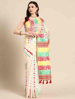 Silk Land - Womens Off White Dhakai Jamdani Saree with Unstitched Blouse