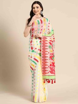 Silk Land - Womens Off White Floral Dhakai Jamdani Saree with Unstitched Blouse