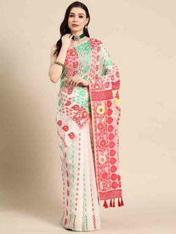 Silk Land - Womens Off White Woven Dhakai Jamdani Saree with Unstitched Blouse