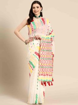 Silk Land - Womens Woven Off White Dhakai Jamdani Saree with Unstitched Blouse