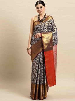 Silk Land - Womens Navy Blue Zari Woven Brocade Silk Saree with Unstitched Blouse