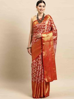 Silk Land - Womens Red Zari Woven Brocade Silk Saree with Unstitched Blouse