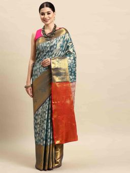 Silk Land - Womens Teal Zari Woven Brocade Silk Saree with Unstitched Blouse