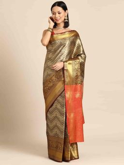 Silk Land - Black Brocade Heavy Zari Woven Saree with Unstitched Blouse