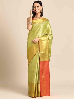 Silk Land - Green Brocade Heavy Zari Woven Saree with Unstitched Blouse
