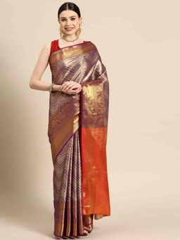 Silk Land - Purple Brocade Heavy Zari Woven Saree with Unstitched Blouse