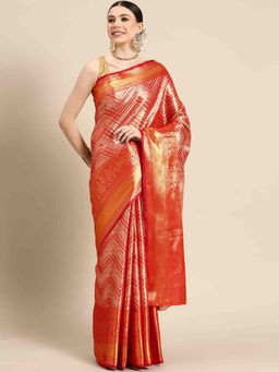Silk Land - Red Brocade Heavy Zari Woven Saree with Unstitched Blouse