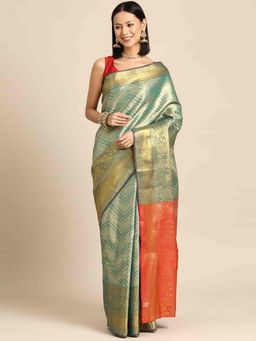 Silk Land - Teal Brocade Heavy Zari Woven Saree with Unstitched Blouse