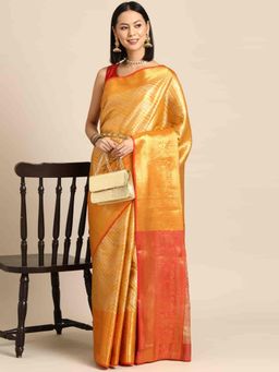 Silk Land - Yellow Brocade Heavy Zari Woven Saree with Unstitched Blouse