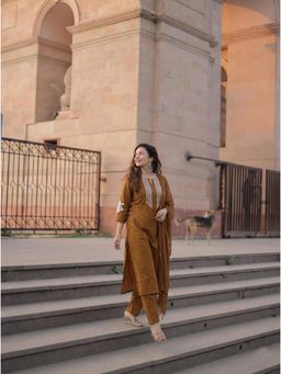 Gahan - Womens Viscose Straight Embroidered Kurta with Pant & Dupatta - Mustard