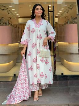 Gahan - Womens Cotton Blend Anarkali Printed Kurta with Pant & Dupatta - White