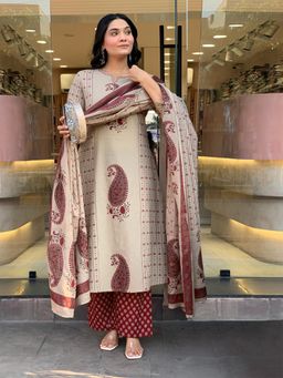 Gahan - Womens Rayon Viscose Straight Printed Kurta with Pant & Dupatta - Cream